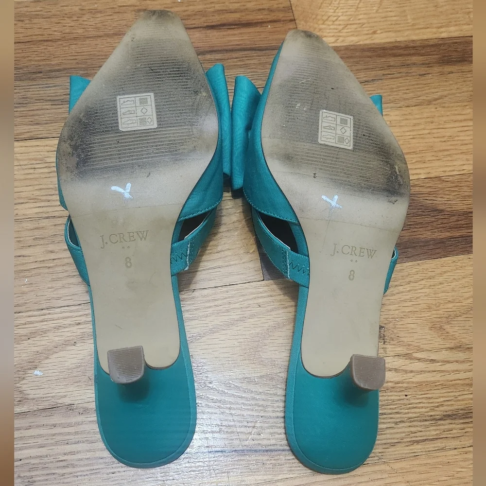 J.Crew Women’s Size 8 Teal Bow Mule Heels Kitten Heel Slip-On Sandals Chic Dress - Picture 8 of 10